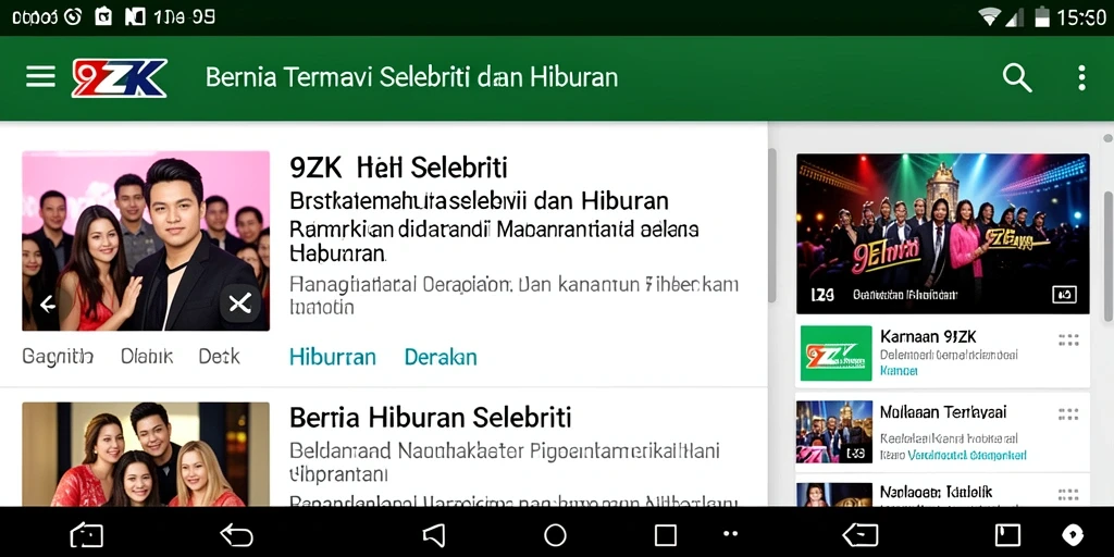Antarmuka aplikasi 9ZK menampilkan berita hiburan terkini.