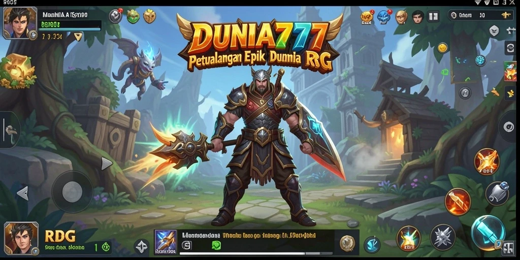 Antarmuka game RPG DUNIA777 menampilkan karakter dan pertarungan yang menarik.