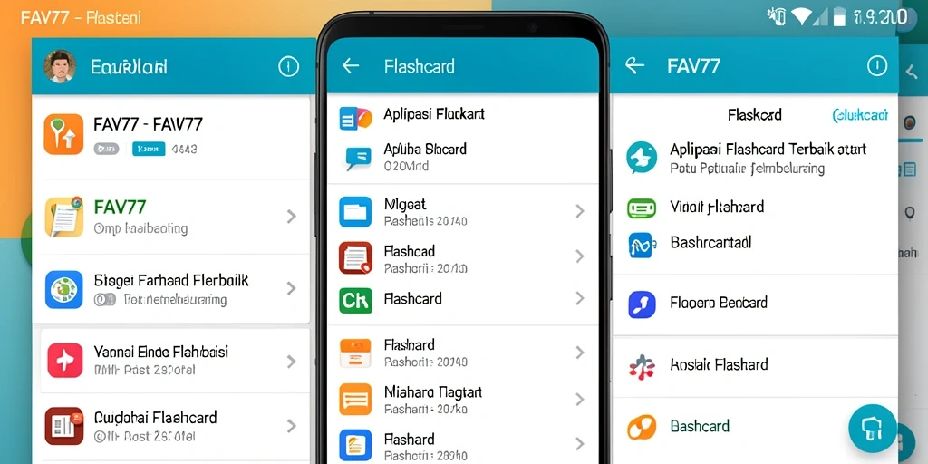 Tampilan antarmuka aplikasi FAV77 dengan fitur flashcard interaktif.