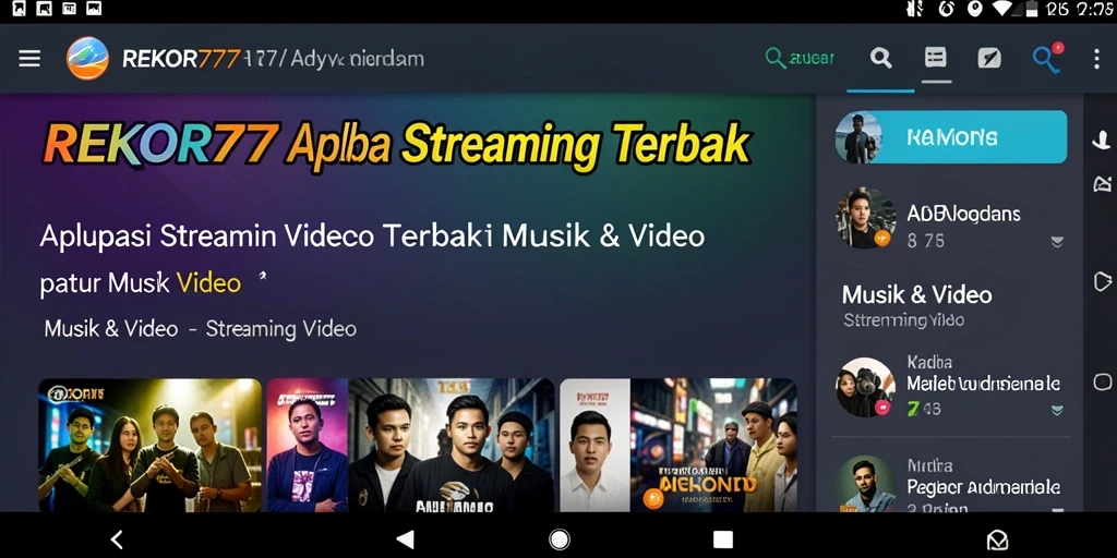 Antarmuka pengguna REKOR777 dengan koleksi video musik dan film.
