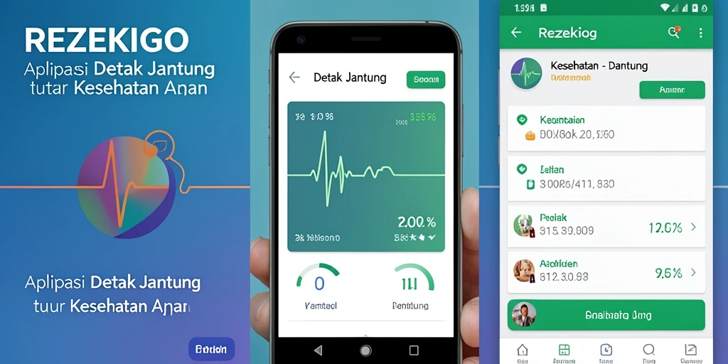 Tampilan utama REZEKIGO menunjukkan detak jantung dan grafik kesehatan.