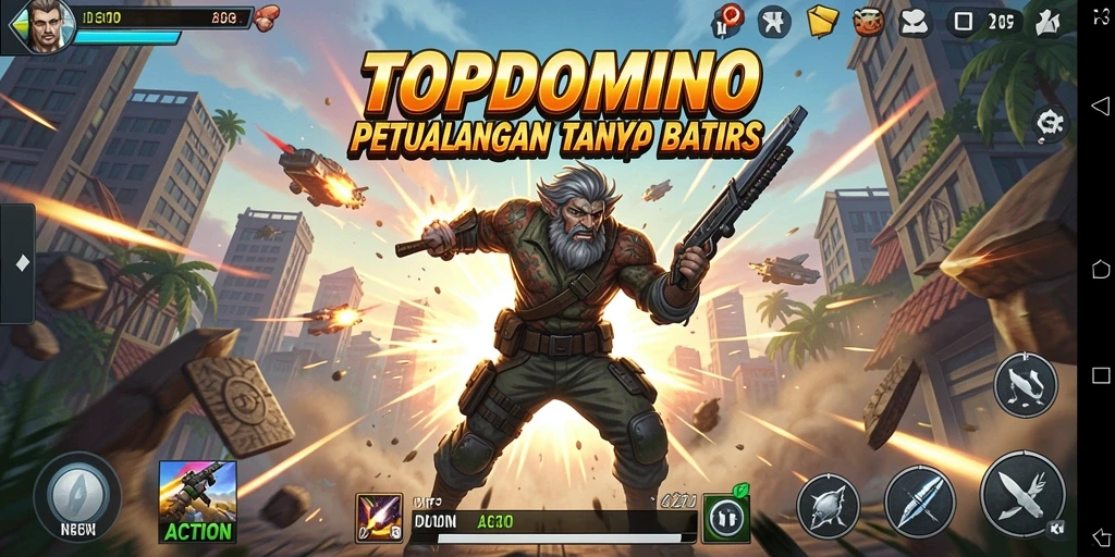 Screenshot utama <strong>TOPDOMINO</strong> menampilkan antarmuka permainan yang dinamis dan penuh aksi.